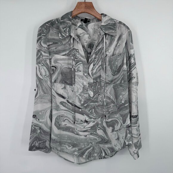 Jones New York Womens gray Marble Print Long roll tab Sleeve Blouse Size Large - Picture 5 of 12